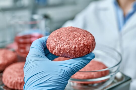Scientist in a lab wearing blue gloves holding a raw plant-based meat patty for food quality testing