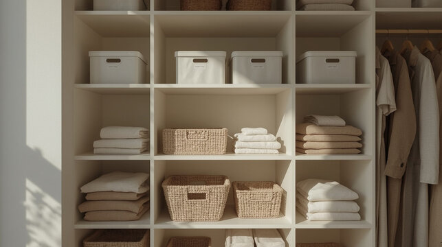 Organized minimalist wardrobe with neatly folded clothes and storage baskets for spring cleaning or autumn seasonal wardrobe change concept