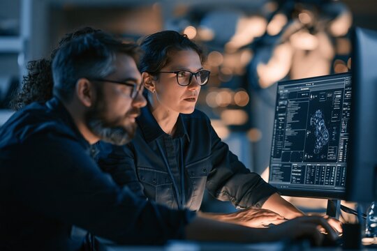 Two software engineers working together on complex code on a computer screen in a dark office