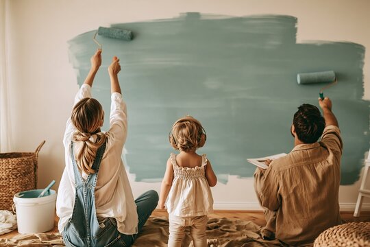 Young family painting a wall in their home with blue paint using rollers for a renovation project