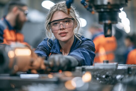 Young female factory worker wearing protective goggles and uniform operating heavy machinery in shop