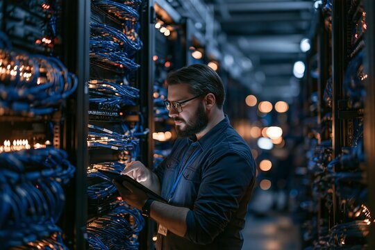 Bearded it technician using a tablet to inspect server racks with blue cables in a data center room