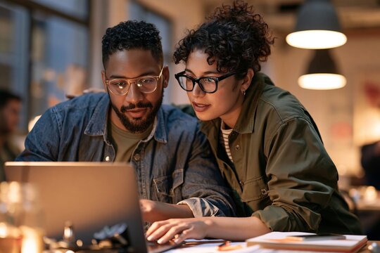 Diverse colleagues working together on a laptop in a modern office environment during the evening