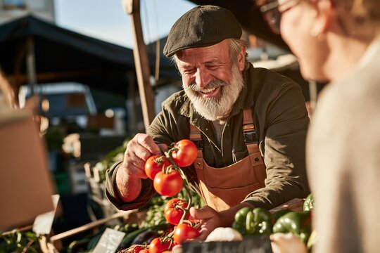 Smiling elderly man with a beard selling fresh tomatoes at an outdoor local farmers market stall