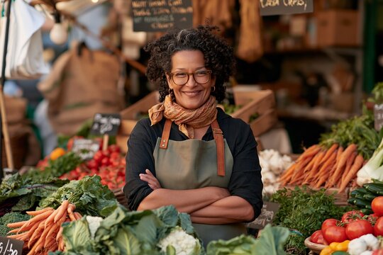 Smiling woman standing with crossed arms behind her fresh vegetable stall at a local farmers market