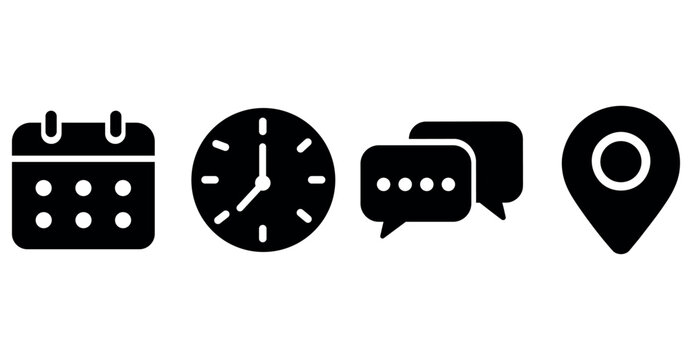 Set of black vector icons including calendar, clock, chat bubbles and a location pin symbol.