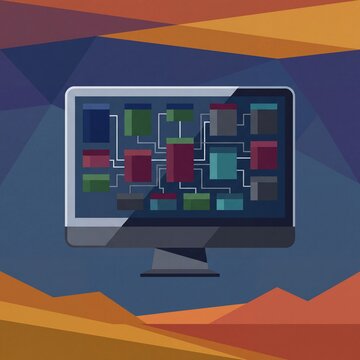 Vector Illustration of a Complex SQL Database Schema on a Professional Monitor
