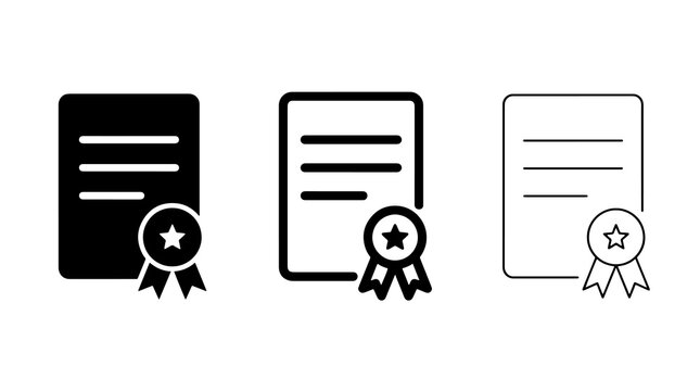 Black certificate icon set with award seal and star symbol