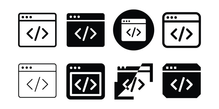 Collection of eight black and white web development code icons featuring bracket symbols inside browser window frames for programming interfaces