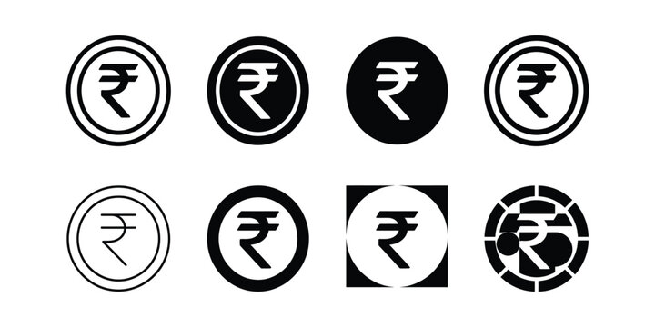 Set of eight black and white indian rupee currency symbols presented in various circular and square frame styles for financial applications
