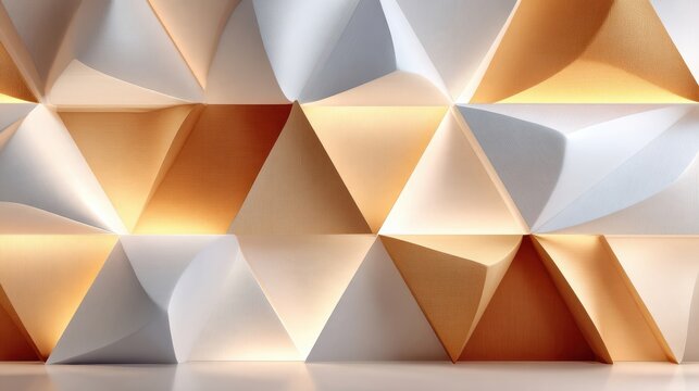 White paper folded into complex origami tessellation pattern with warm gold and orange tones, geometric surface design