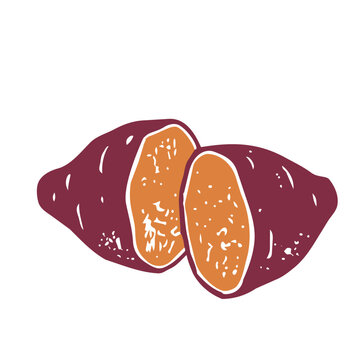 Printmaking Style Sweet Potato and Roasted Sweet Potato Vector Illustration for Autumn Food Design／版画風のさつまいも・焼き芋・秋の食材モチーフのベクターイラスト