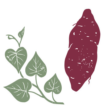 Printmaking Style Sweet Potato and Roasted Sweet Potato Vector Illustration for Autumn Food Design／版画風のさつまいも・焼き芋・秋の食材モチーフのベクターイラスト