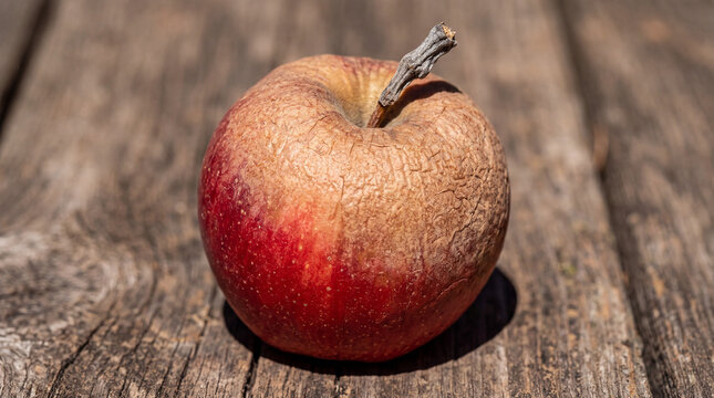 A single shriveled apple sits on a weathered wooden surface representing food waste and natural aging processes for harvest concepts where farmers explore the reality of imperfect organic farm