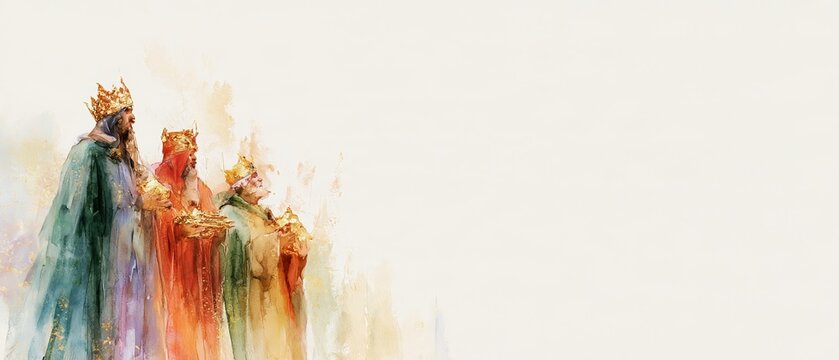 Three Wise Men Bearing Golden Gifts in Christmas Watercolor
