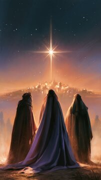 Three Wise Men Following Bethlehem Star Toward Glowing City