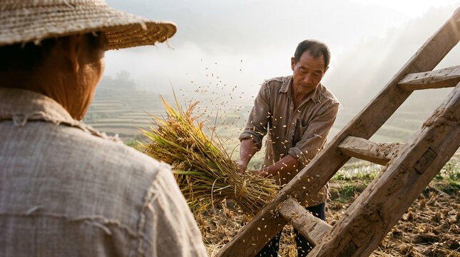 Asian farmers threshing rice sheaves against a wooden ladder in terraced fields during a misty sunrise, showcasing traditional agricultural practices