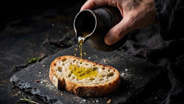 Artisan bread with olive oil drizzled from dark jug