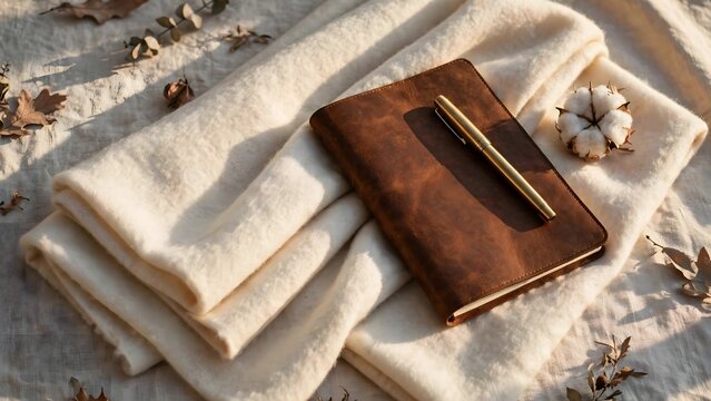 Cozy textile and journal with pen and dried leaf detail