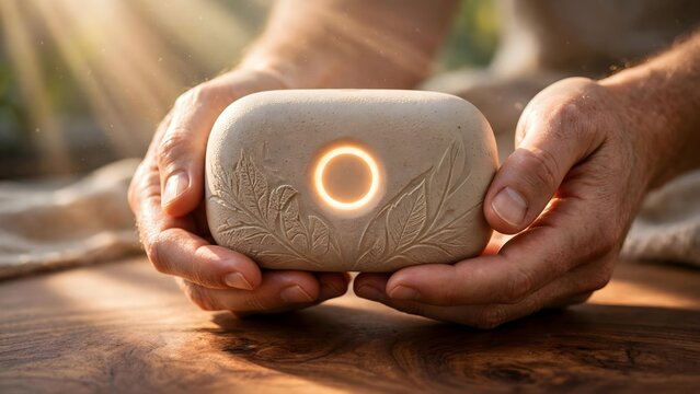 Holding natural object with glowing circle and leaf design outdoors