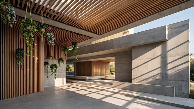 Modern architectural interior with natural light and greenery