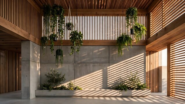 Modern interior design with natural light and greenery