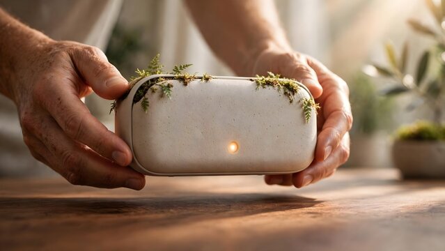 Modern planter with green plant growth on surface