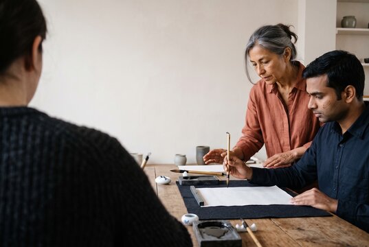Senior woman teaching traditional calligraphy to a focused young man in a bright minimalist art studio