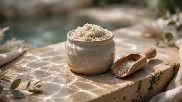 Natural grainy texture in ceramic bowl with wooden scoop