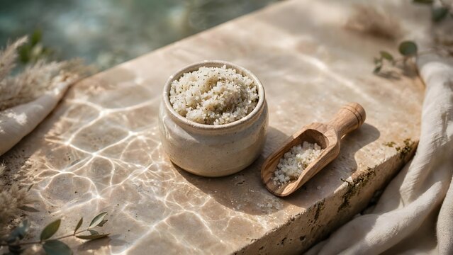 Natural exfoliant scrub in ceramic container with wooden scoop and water reflections