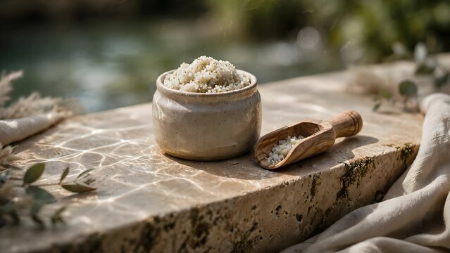 Natural spa treatment preparation with essential ingredients and serene outdoor background