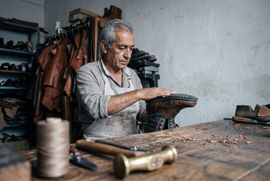 Senior male cobbler wearing an apron carefully inspecting the sole of a brown leather boot at a wooden workbench in his traditional workshop