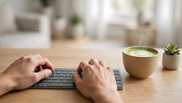 Person typing on keyboard near beverage and plant on wooden desk