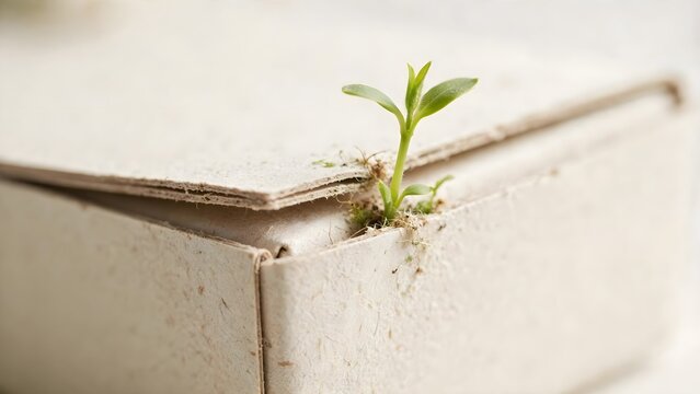 Small green plant emerging from cardboard box showing new growth