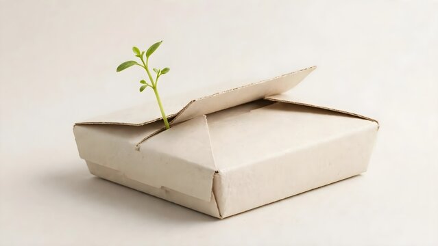 Small plant growing from folded paper container representing sustainability
