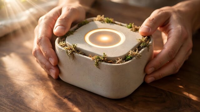 Warm glow emanating from square device with organic accents held by hands