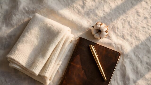 Soft textile notebook and pen with natural element casting shadows