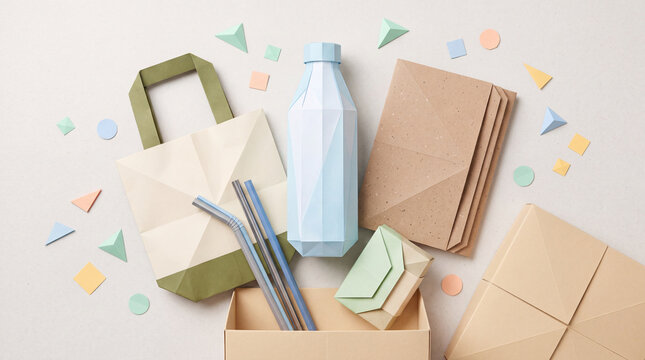 Reusable drinking bottle alongside paper tote bags and metal straws represent sustainable lifestyle choices for eco friendly individuals aiming to reduce plastic waste consumption during daily