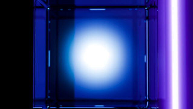 Blue glowing glass cube with neon light reflections