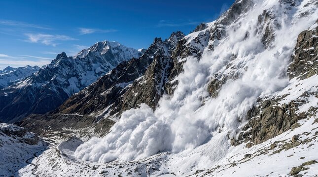 Massive snow avalanche cascading down a rocky mountain slope under a blue sky.