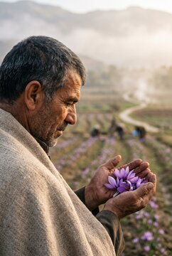 Middle aged farmer holding freshly picked purple saffron crocus flowers in his weathered hands during an early morning harvest in a misty mountain valley