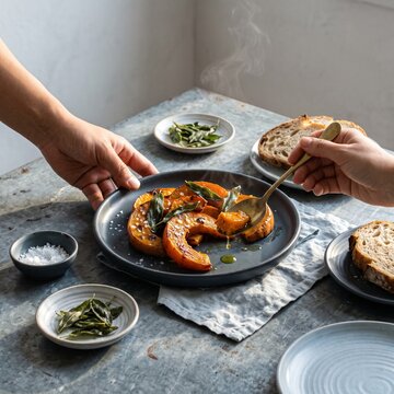 Two people sharing a plate of hot roasted pumpkin slices garnished with crispy sage leaves and sea salt on a rustic table with sourdough bread