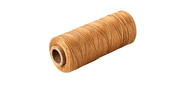 A large spool roll of thick natural brown jute sewing thread isolated on transparent background.