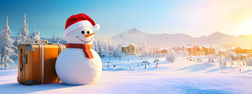 A snowman with travel suitcases in a snowy meadow against a backdrop of a ski resort and snow-capped mountains on a sunny winter day