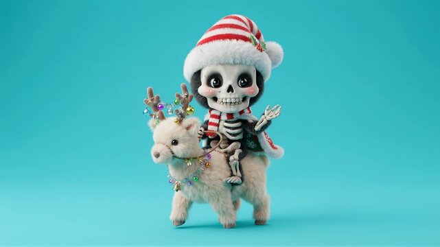 Cute skeleton monster rides a decorated reindeer. Whimsical Christmas character. Festive holiday fantasy and funny seasonal animation. Turquoise studio background.