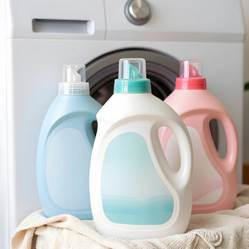 Laundry care and household chores, colorful detergent bottles with fabric softener on a washing machine for cleaning and hygiene maintenance at home