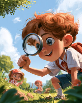 vibrant digital illustration of a curious young boy with curly red hair crouching in a sunny green meadow and exploring nature with a magnifying glass while friends play in the background