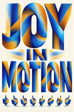 Typography swirls with three-dimensional blue and gold striped patterns, casting subtle shadows over a row of tiny spinning tops.