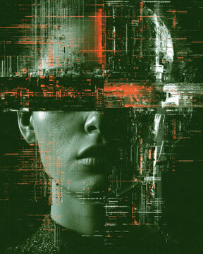 portrait of a human face merging with complex glowing red and green glitch code matrix technology abstract data streams and cybernetic patterns representing modern artificial intelligence