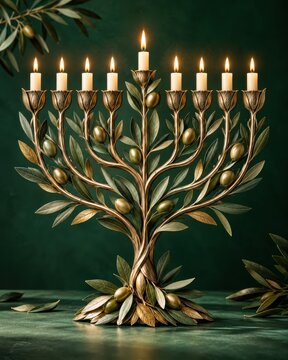 Olive branch menorah crafted from metallic gold metal with nine glowing candles set on dark green.